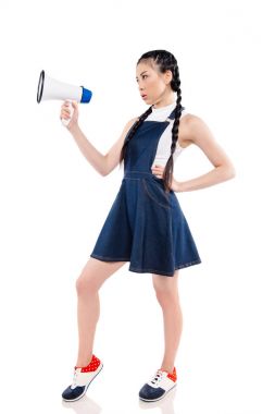 stylish asian woman with loudspeaker  clipart