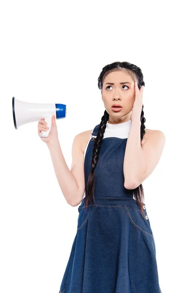Confused asian woman with loudspeaker — Stock Photo, Image