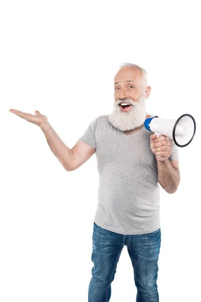 Hombre mayor excitado con altavoz — Foto de Stock