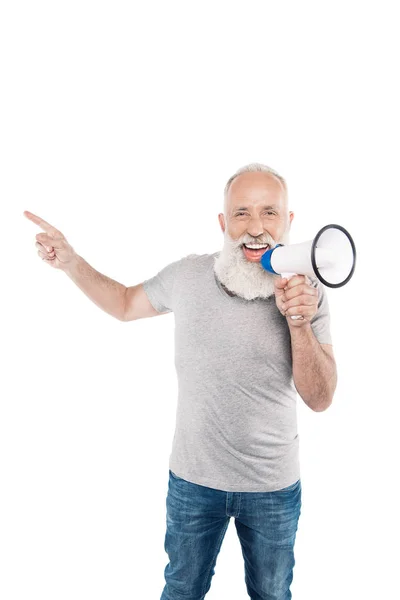 Upphetsad äldre man med högtalare — Stockfoto