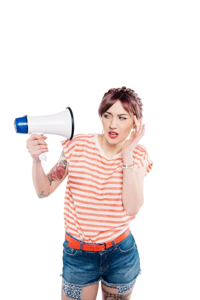 Young woman with loudspeaker — Stock Photo, Image