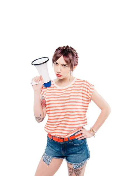 Dubium young woman with loudspeaker — Stock Photo, Image