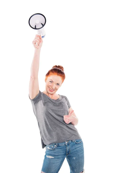 Woman with megaphone showing thumb up — Stock Photo, Image