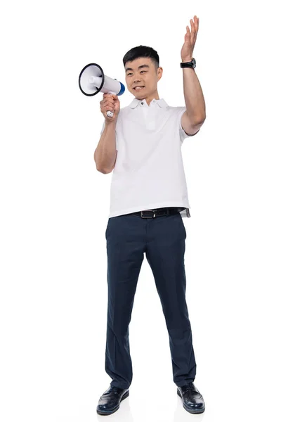 Excited asian man with bullhorn — Free Stock Photo