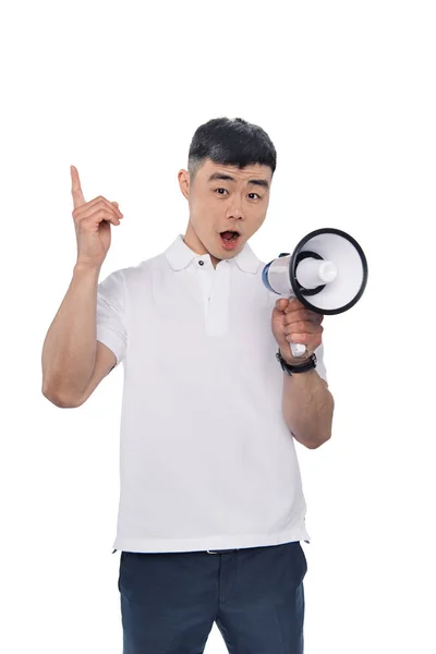 Excited asian man with bullhorn — Stock Photo, Image