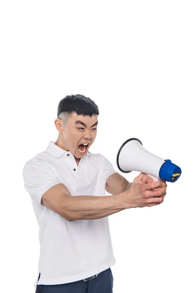 Yelling asian man with bullhorn — Free Stock Photo