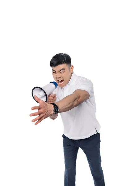 Angry asian man with bullhorn — Free Stock Photo