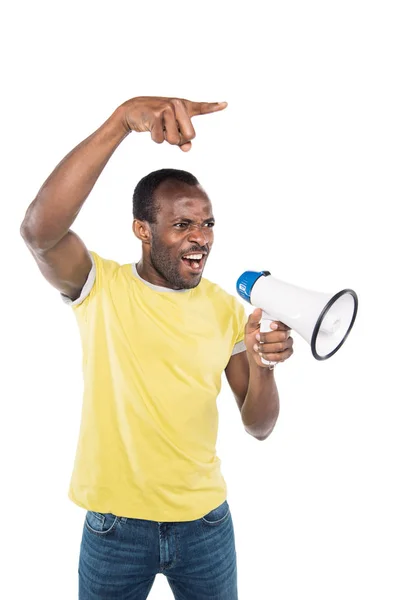 Irritado afro-americano homem com bullhorn — Fotografia de Stock
