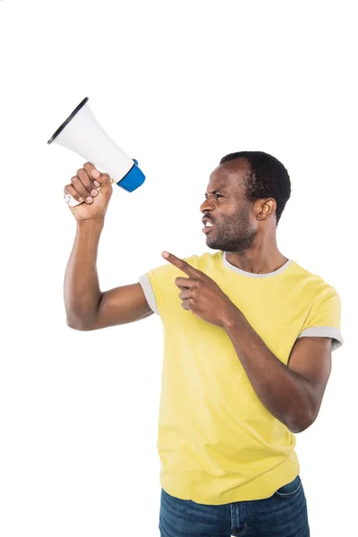 Hombre afroamericano enojado con megáfono — Foto de Stock