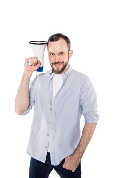 Smiling caucasian man with loudspeaker — Free Stock Photo