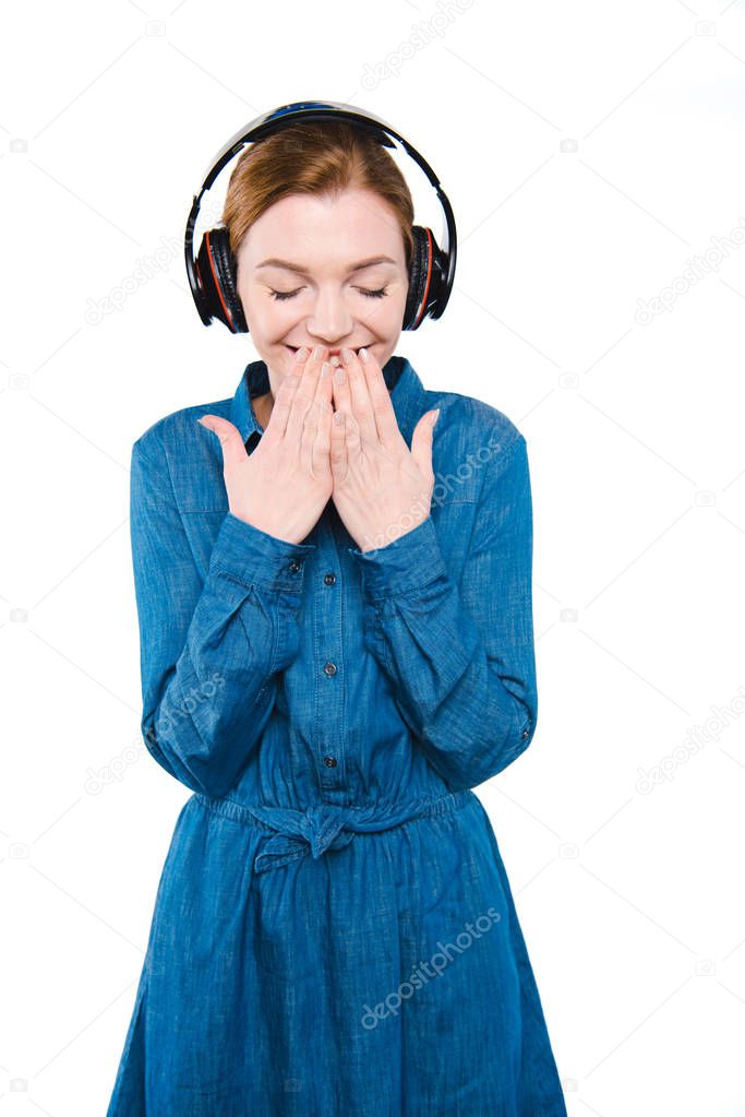 laughing girl listening music 