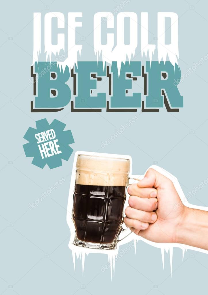 Cropped view of person holding glass of dark beer, isolated on white