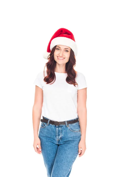 Sorridente ragazza a Babbo Natale cappello — Foto Stock