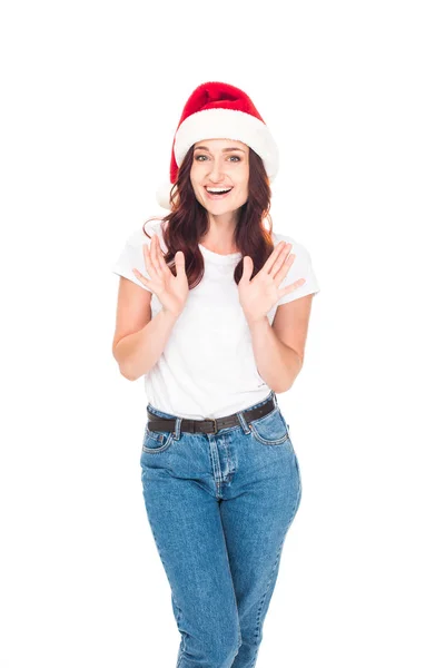 Взволнованная девушка в шляпе Санта — стоковое фото