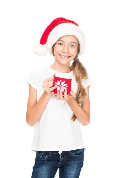Adolescente em chapéu de Santa com café — Fotografia de Stock Grátis