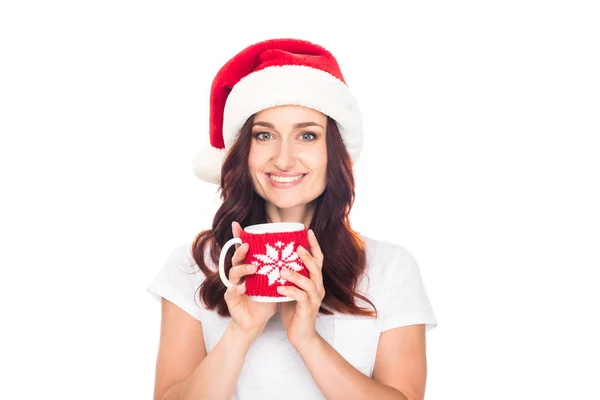 Frau mit Weihnachtsmann-Hut und Kaffeetasse — Stockfoto