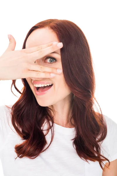 Woman looking through fingens — Stock Photo, Image