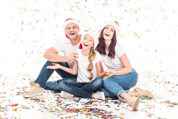 Família com confete de Natal — Fotografia de Stock