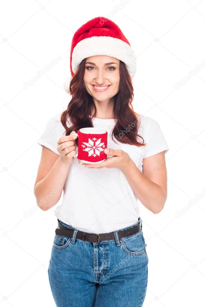 woman in Santa hat with coffee