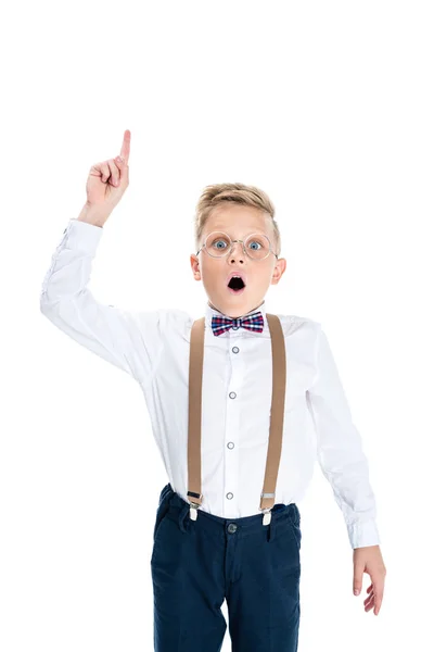 Boy pointing up with finger — Stock Photo, Image