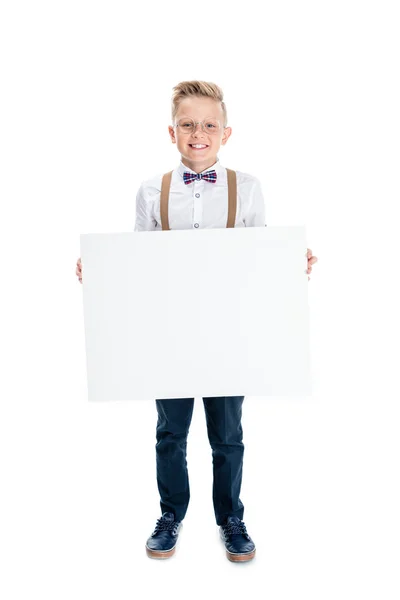 Menino segurando banner em branco — Fotografia de Stock