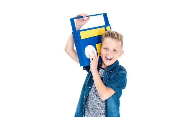 Boy with paper tape recorder — Stock Photo, Image