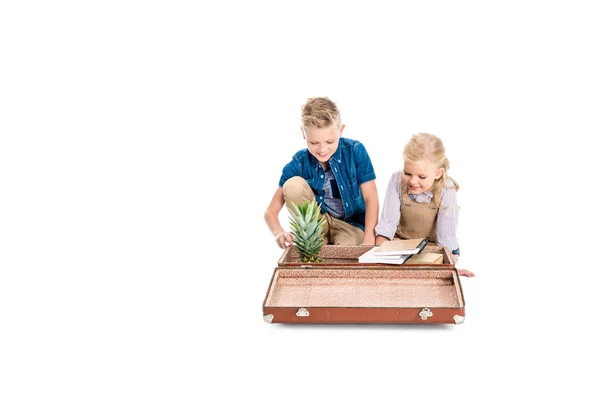 孩子们与菠萝、 书籍和手提箱 — 图库照片