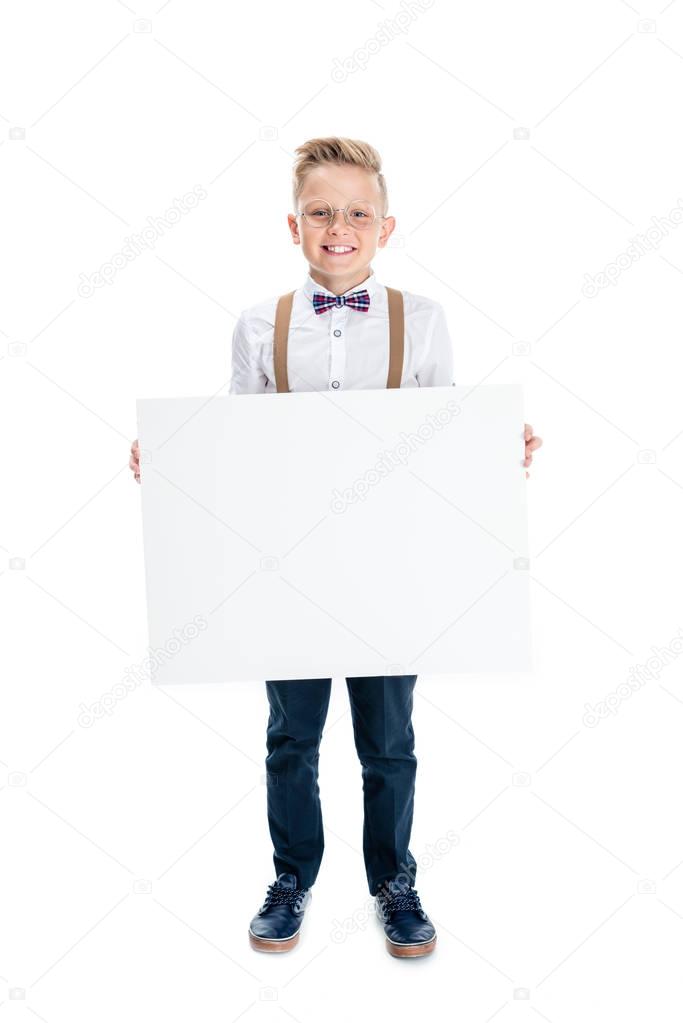 boy holding blank banner