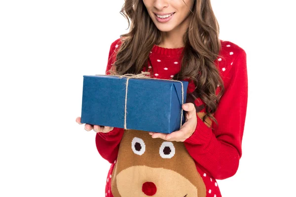 Woman holding christmas gift — Stock Photo, Image