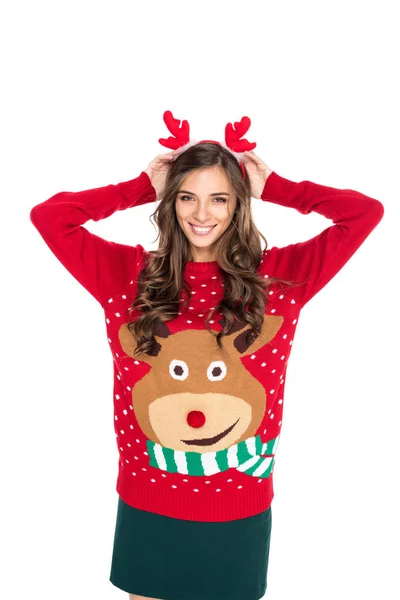 Woman in winter festive sweater — Stock Photo, Image