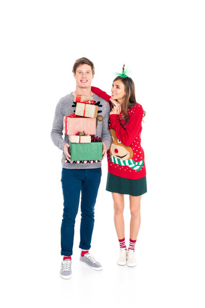 man holding christmas presents