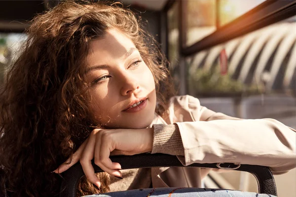 Pensive woman in public transport — Stock Photo, Image