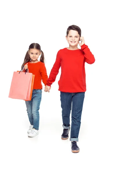 Irmãos com sacos de compras — Fotografia de Stock