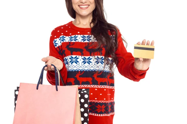 Woman with shopping bags and credit card — Free Stock Photo