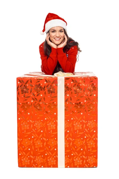 Woman with big christmas present — Stock Photo, Image