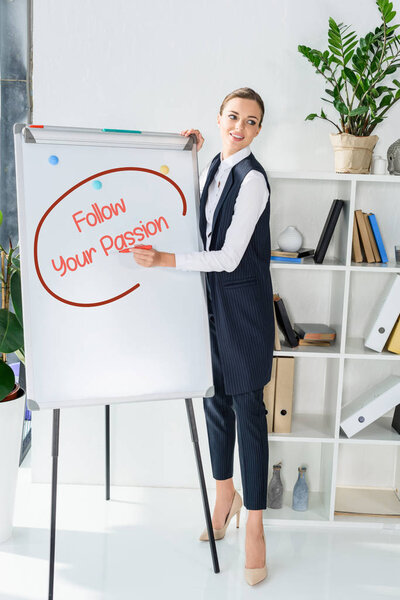 businesswoman writing on whiteboard