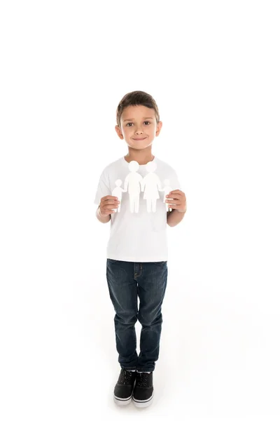 Хлопчик з сімейною паперовою моделлю — стокове фото
