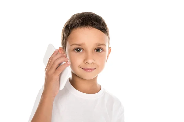Beszélő smartphone kisfiú — ingyenes stock fotók