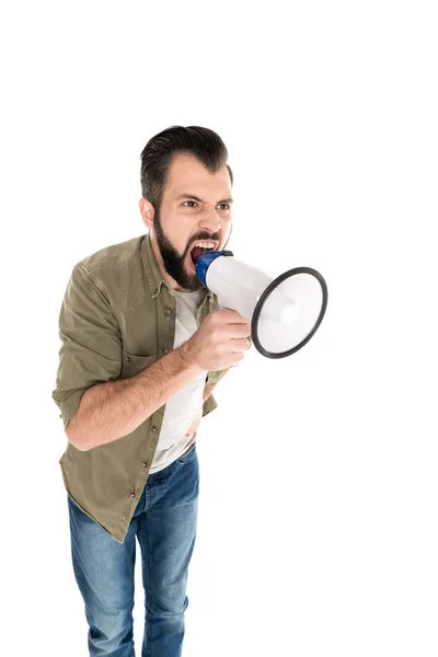 Angry man yelling into loudspeaker — Stock Photo, Image