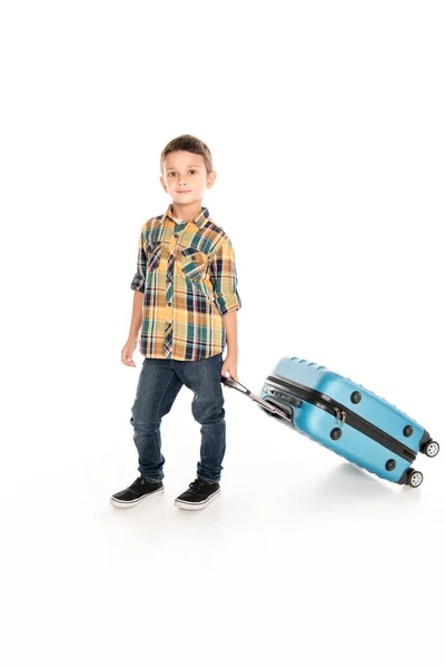 Kisfiú bőrönddel. — Stock Fotó