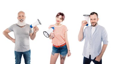 smiling men and woman with megaphones clipart