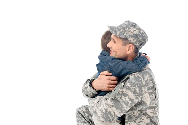 Father in military uniform embracing with son — Stock Photo, Image