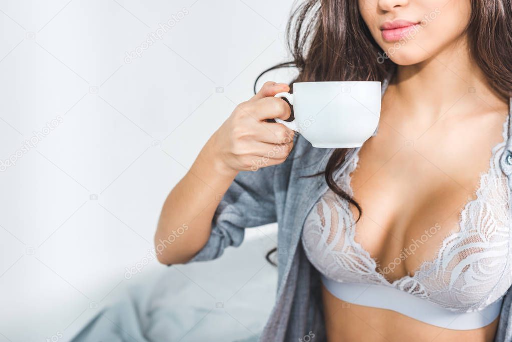 girl in lingerie drinking coffee