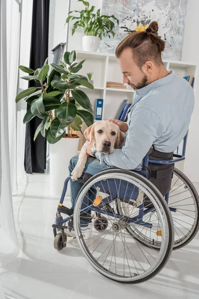 Man on wheelchair petting his dog — Stock Photo, Image