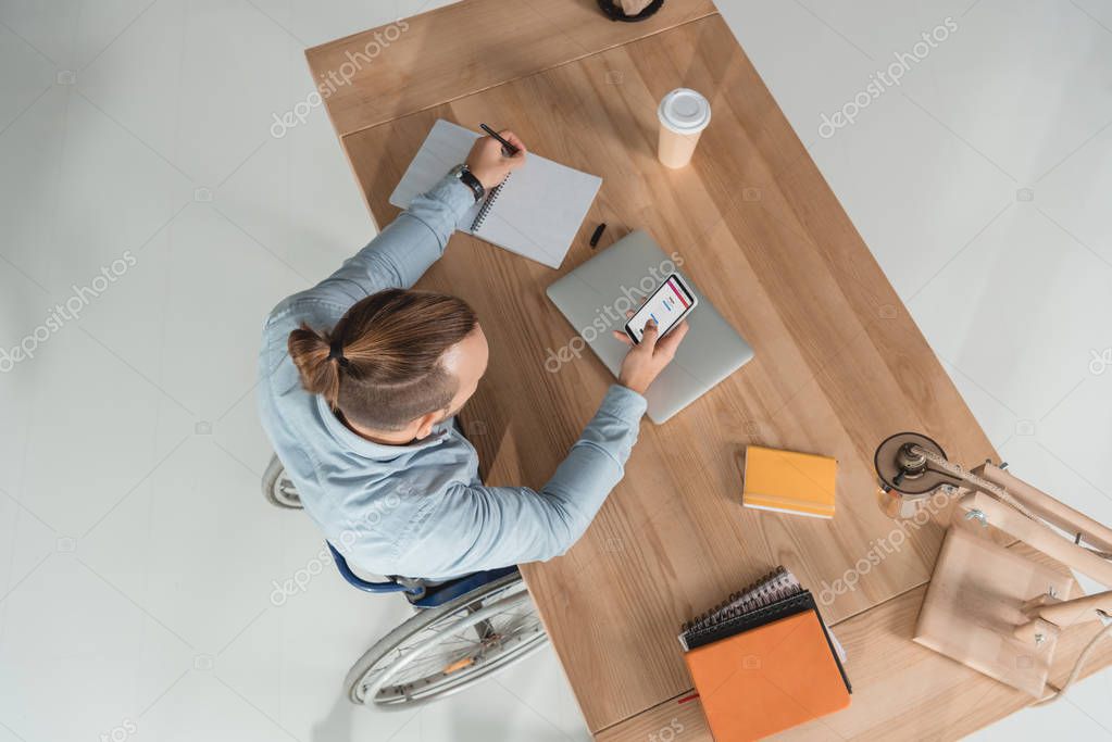 High angle view of disabled man on wheelchair using smartphone at workplace in office with instagram app