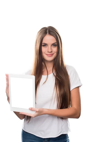 Girl holding tablet in hands — Stock Photo, Image