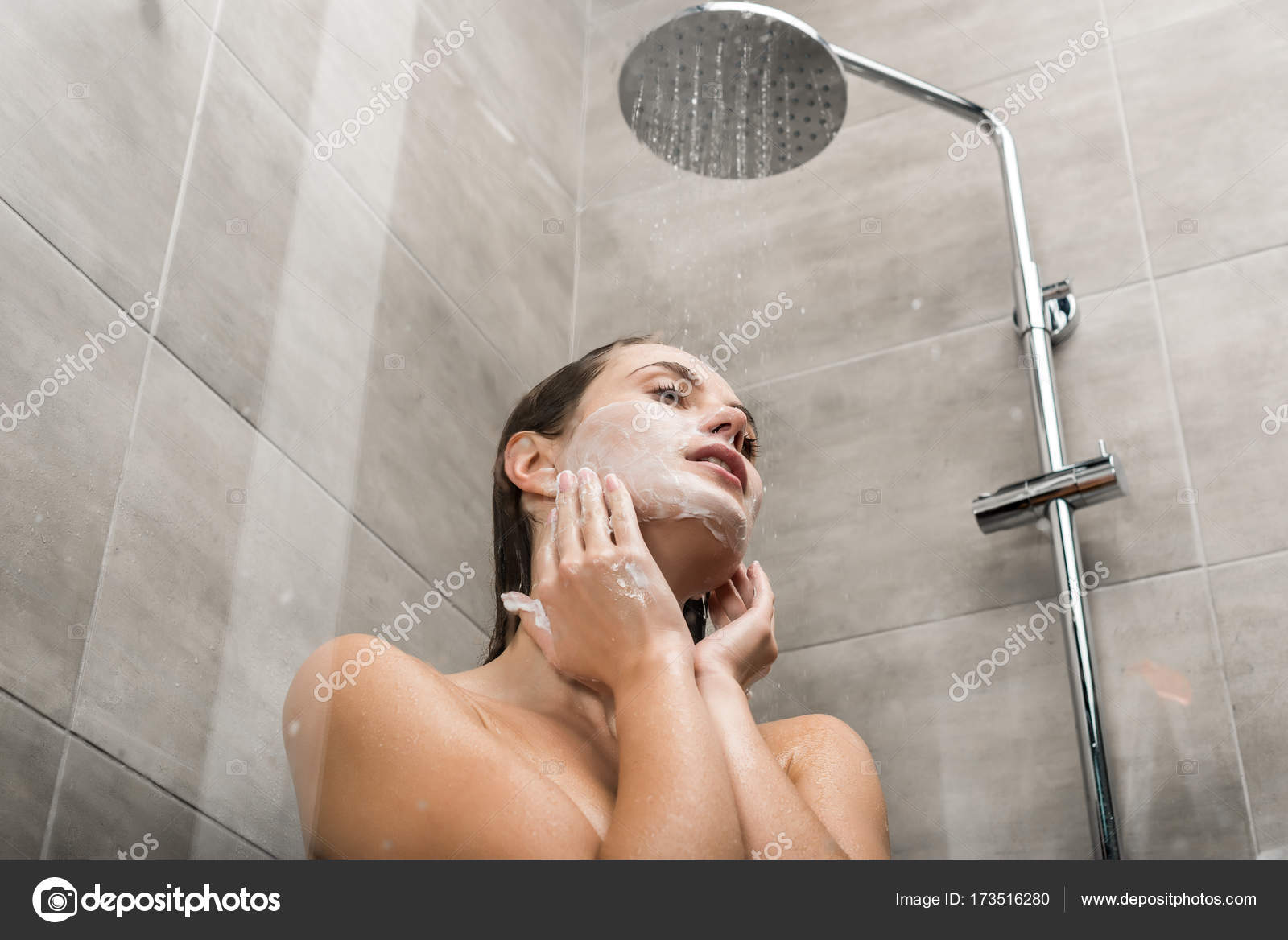 Girl Washing Face Stock Photo Igorvetushko 173516280 Bottom View Of Girl Washing Face With Gel In The Shower Photo By Igorvetushko