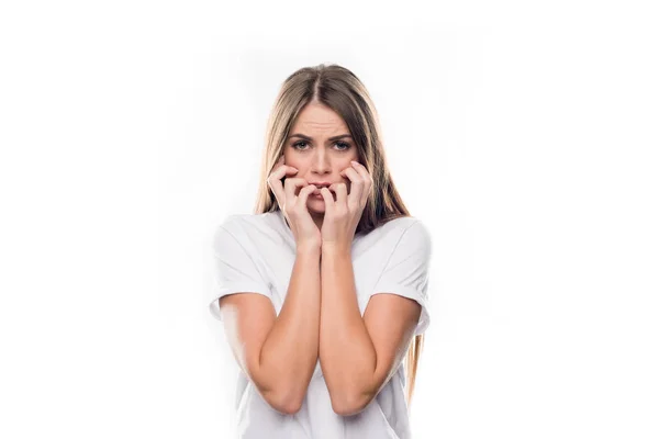 Chica preocupada mordiendo uñas — Foto de Stock