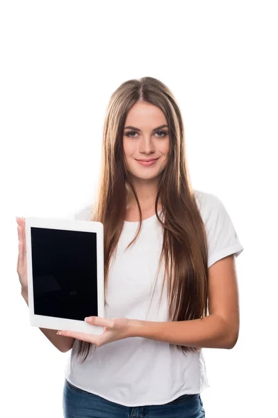 Chica sosteniendo la tableta en las manos — Foto de Stock