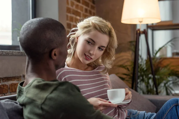 African American Man Looking Caucasian Girlfriend Cup Hot Drink Hands — Stock Photo, Image